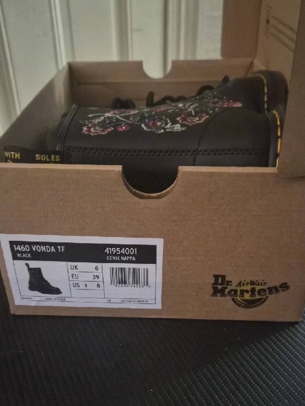 Dr. Martens Black Leather Lace-Up Boots with Pink & Red Floral Embroidery - Picture 2 of 3